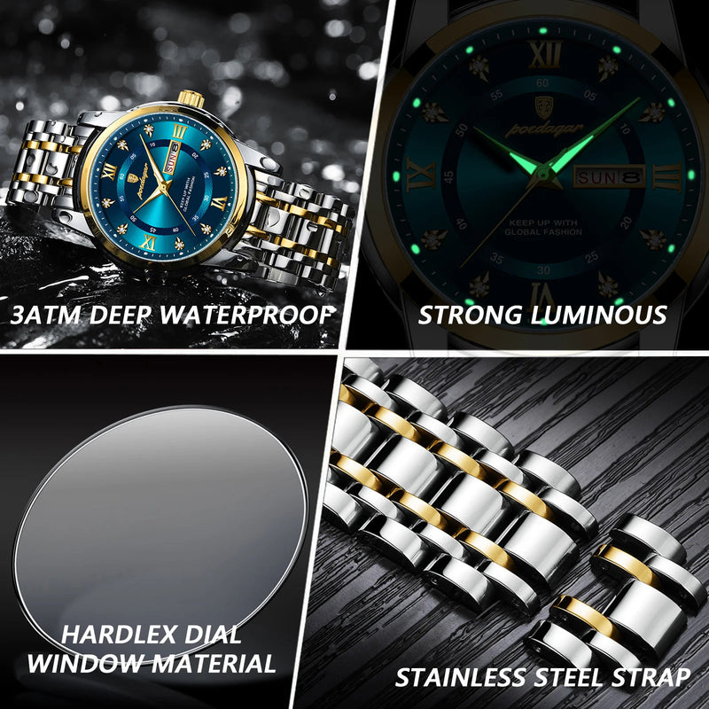 Relógio POEDAGAR de Luxo para Homem Elegante - Data, Semana, Impermeável, Luminoso, Quartzo, Aço Inoxidável - Esportivo e Sofisticado